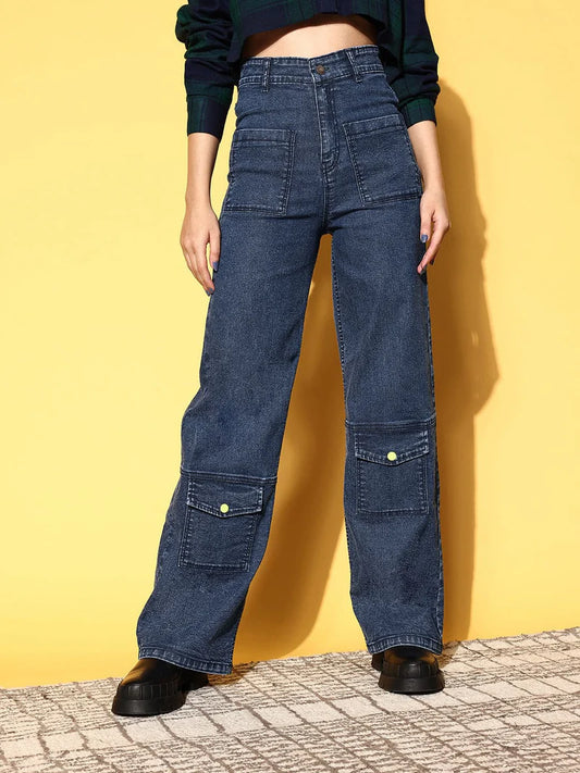 Blue Washed Multi Pocket Stretch Straight Jeans